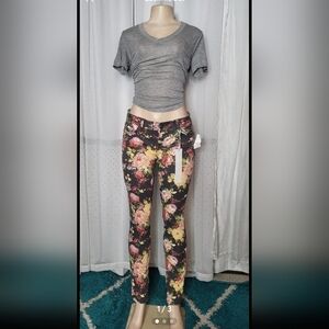 Almost Famous Floral Skinny Jeans - Black and Yellow